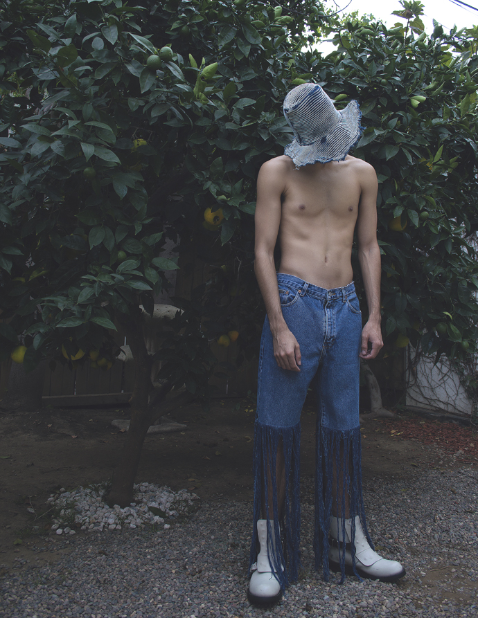 Knit denim hat- Knorts Fringe denim pants- Pink Vixxen White leather boots- pskaufman