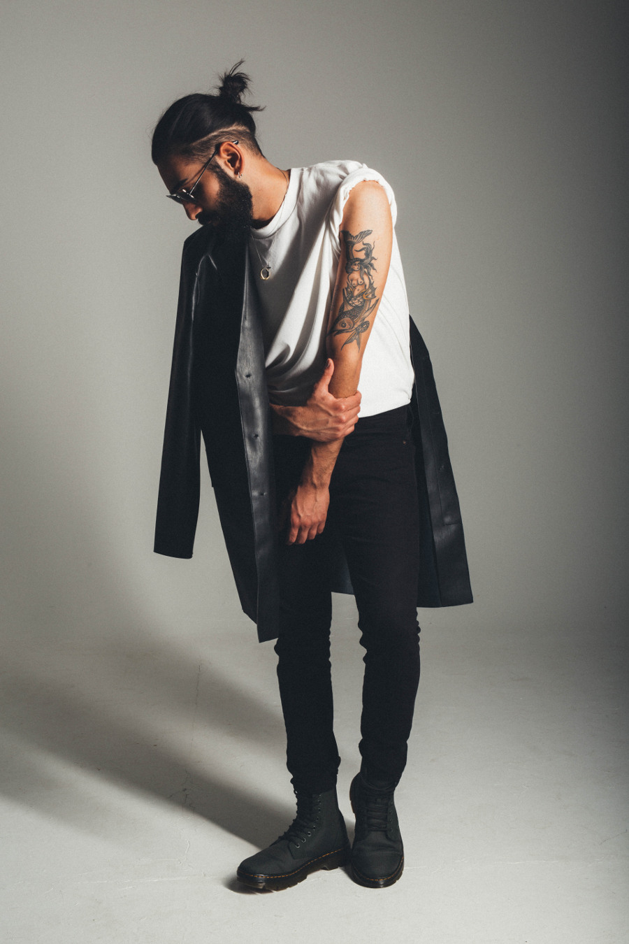 Black coat by Asos White T-shirt by Asos Glasses by Asos Black pants by Asos Shoes by Asos