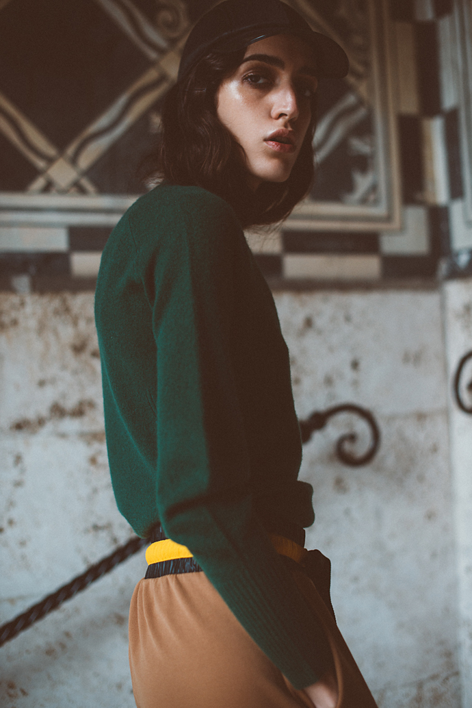 Hat: Stella McCartney x Adidas
Sweater: Sportmax
Pant: No Ka’oi