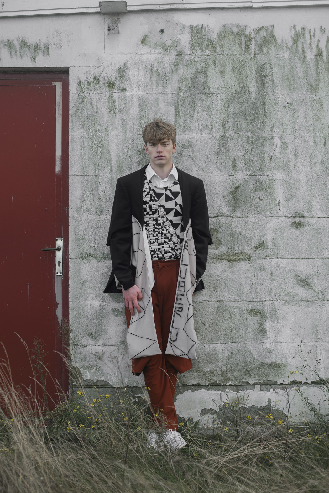 White shirt by COS Top by Ari Kolu Jacket by Ari Kolu Trousers by Ari Kolu Shoes by Stan Smith by Adidas